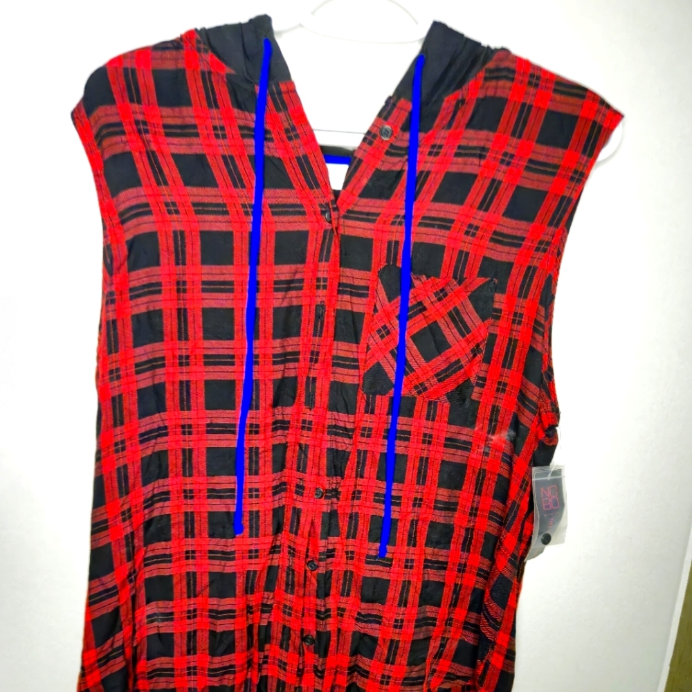 NO‎ BOUNDARIES HOODED PLAID SLEEVELESS SHIRT SIZE LARGE